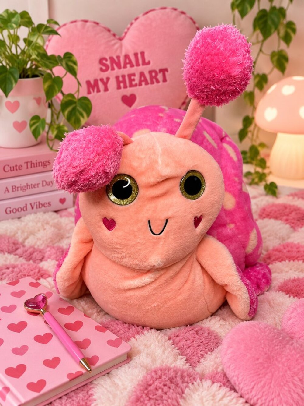 Large Pink Lying Snail Plush 330437 Big Glitter Eyes Heart Cheeks Stuffed Animal